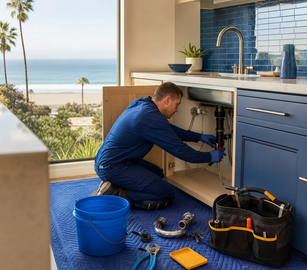 Licensed plumber working beneath an Oceanside home's kitchen sink with professional tools and floor protection