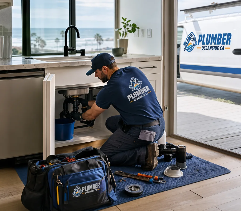 Licensed plumber working beneath an Oceanside home's kitchen sink with professional tools and drop cloths