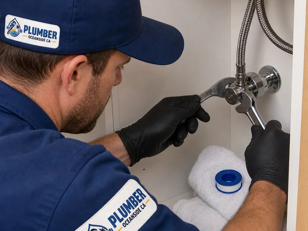 Plumber installing a quarter-turn angle stop and braided supply line with clean connections