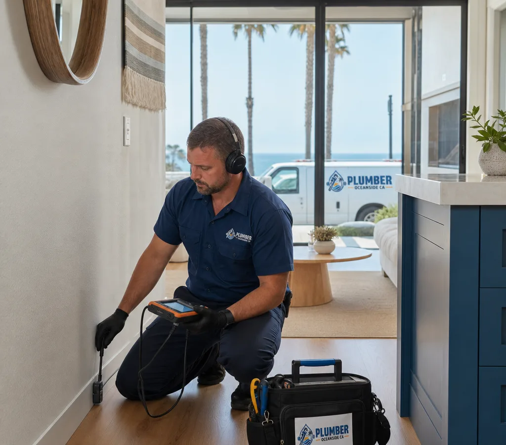 Plumber using acoustic leak detection equipment inside an Oceanside home with a careful diagnostic setup and no open walls