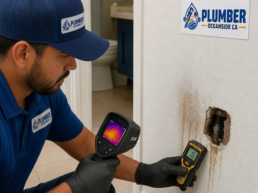 Technician documenting suspected bathroom leak patterns with a thermal imaging camera and moisture meter