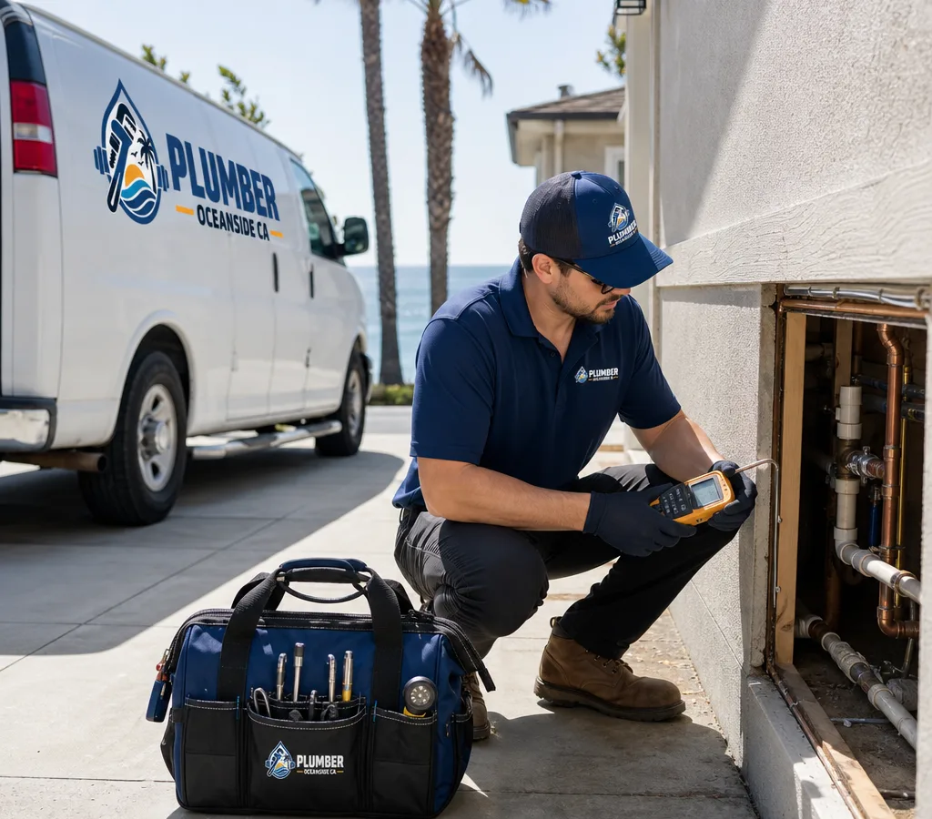Licensed plumber preparing to inspect exposed residential water piping in an Oceanside driveway