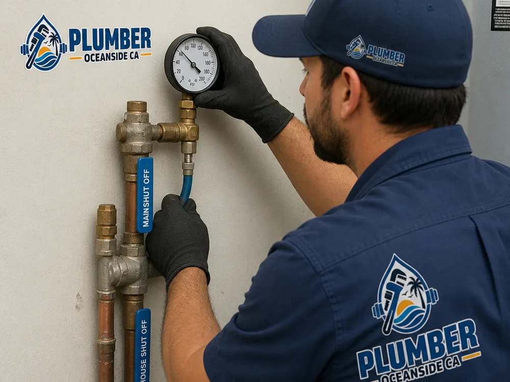Plumber pressure testing a labeled residential water line and shutoffs in a utility area