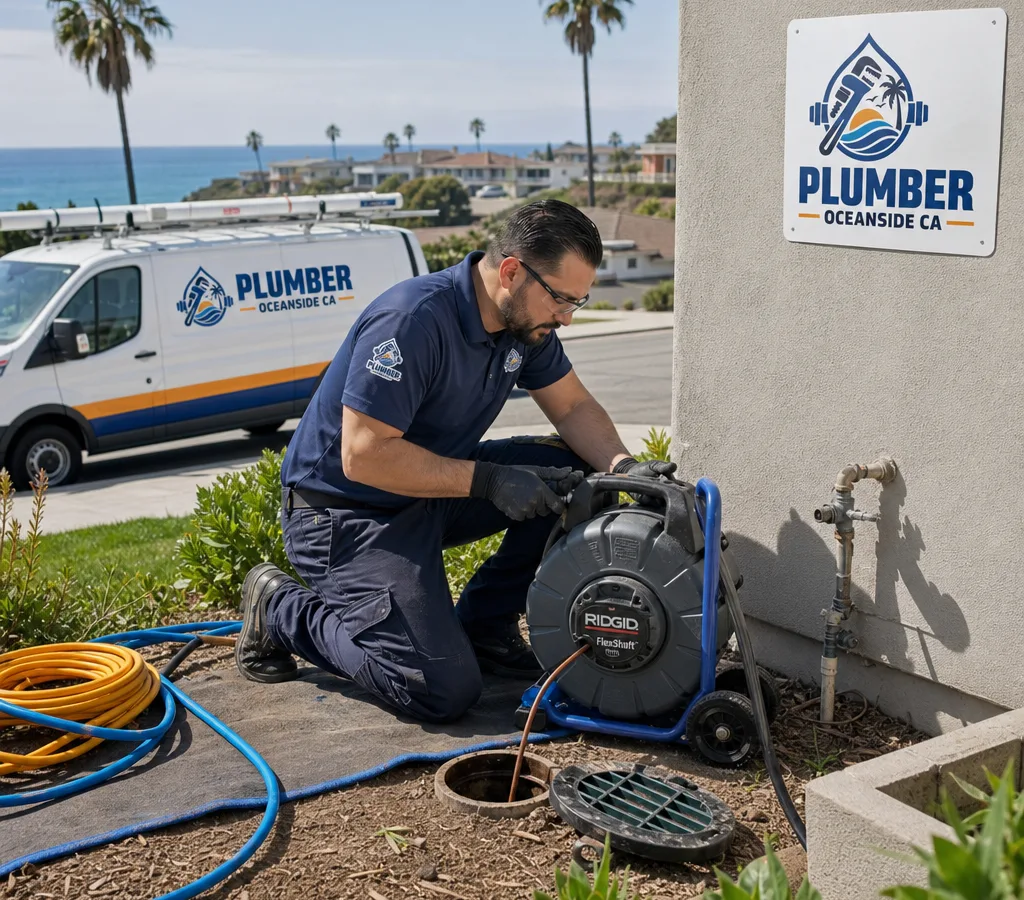 Licensed plumber using a professional drain machine at an exterior cleanout beside an Oceanside home