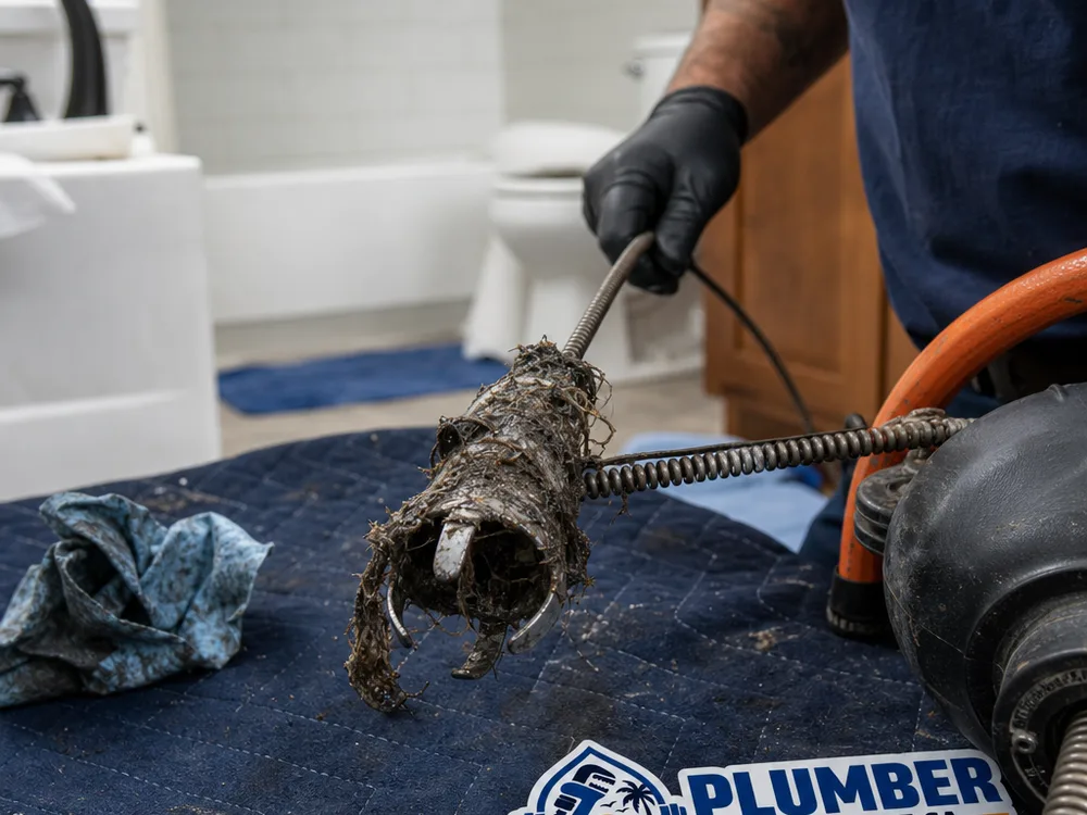 Drain cable and retrieval head after removing hair and soap buildup from a bathroom drain line