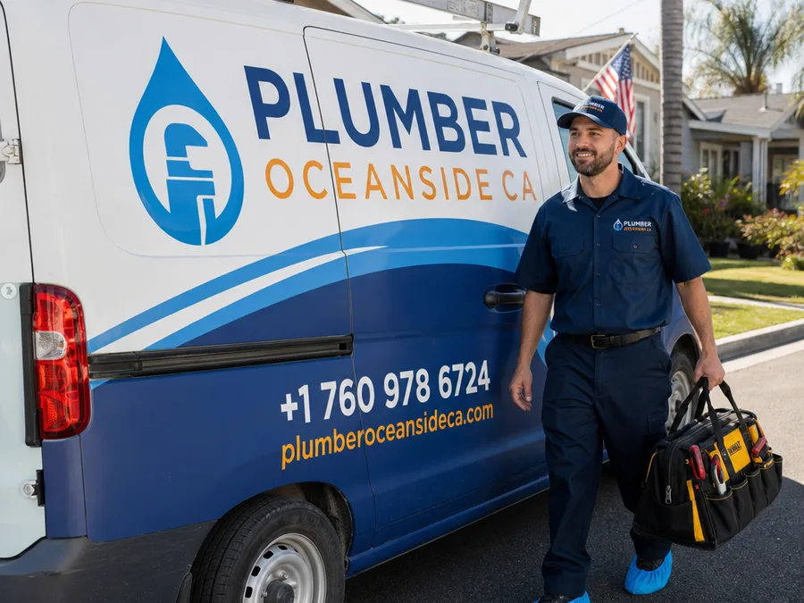 Oceanside plumber beside a service van carrying a tool bag and wearing shoe covers
