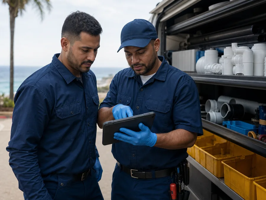 Two Oceanside plumbers reviewing a work order beside organized tools and plumbing fittings